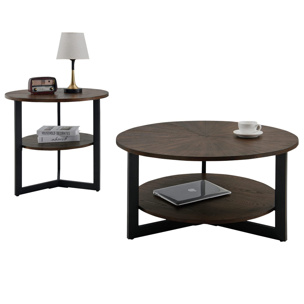 Round Coffee Table with Storage Shelf, Black Metal Legs, 35.3''D x 17.8''H R586