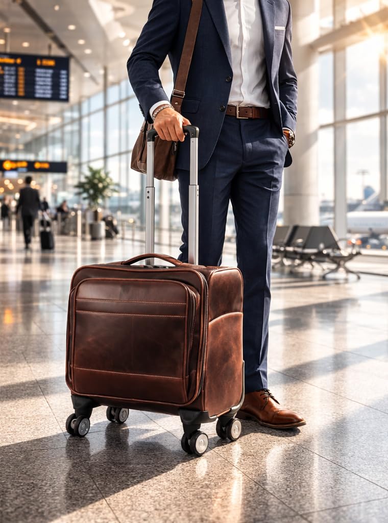 Leather Rolling Briefcase with Trolley Handle I703