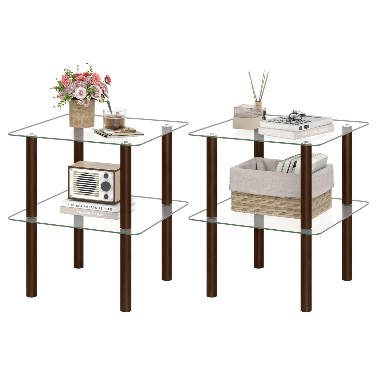 Square End Table Set of 2, 2-Tier Glass Top Sofa Side Table Y766127
