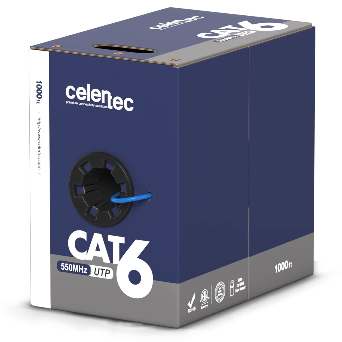 CAT6 Ethernet Cable, 1000ft, 23AWG Solid Bare Copper, UTP, Indoor, Blue Z4897