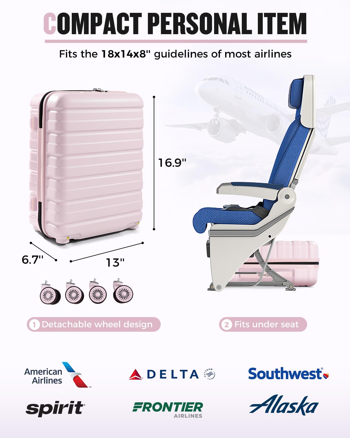 16 Inch Underseat Carry On Luggage Light Pink M9331