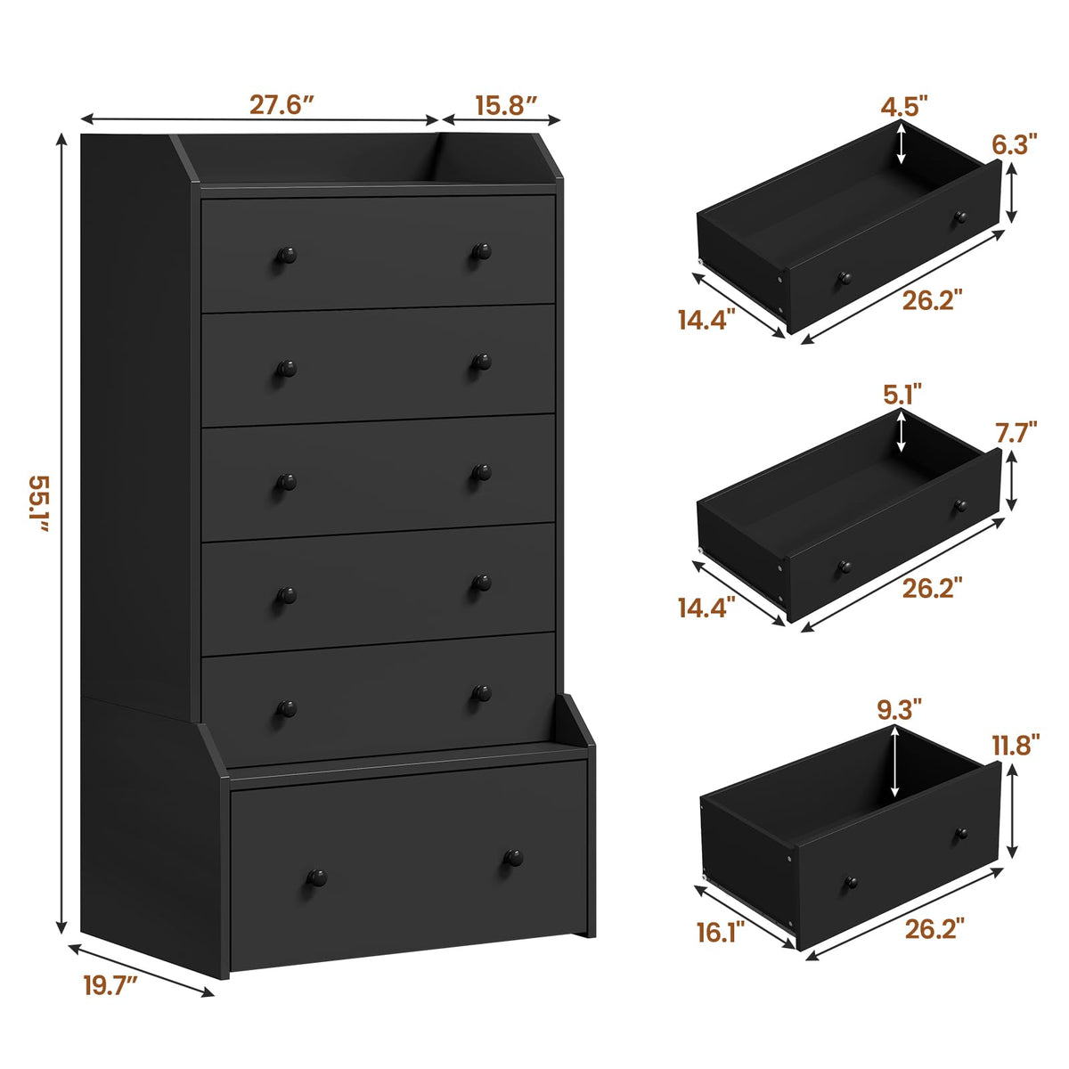 6 Drawer Tall Black Dresser A975