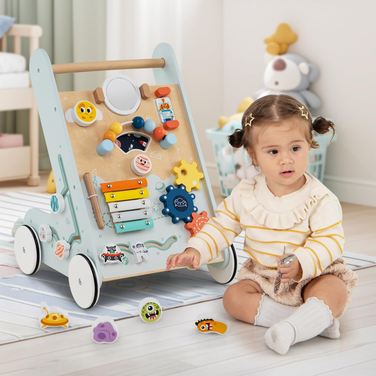 Wooden Baby Walker Push and Pull Learning Activity Center with Wheels Storage Green L151