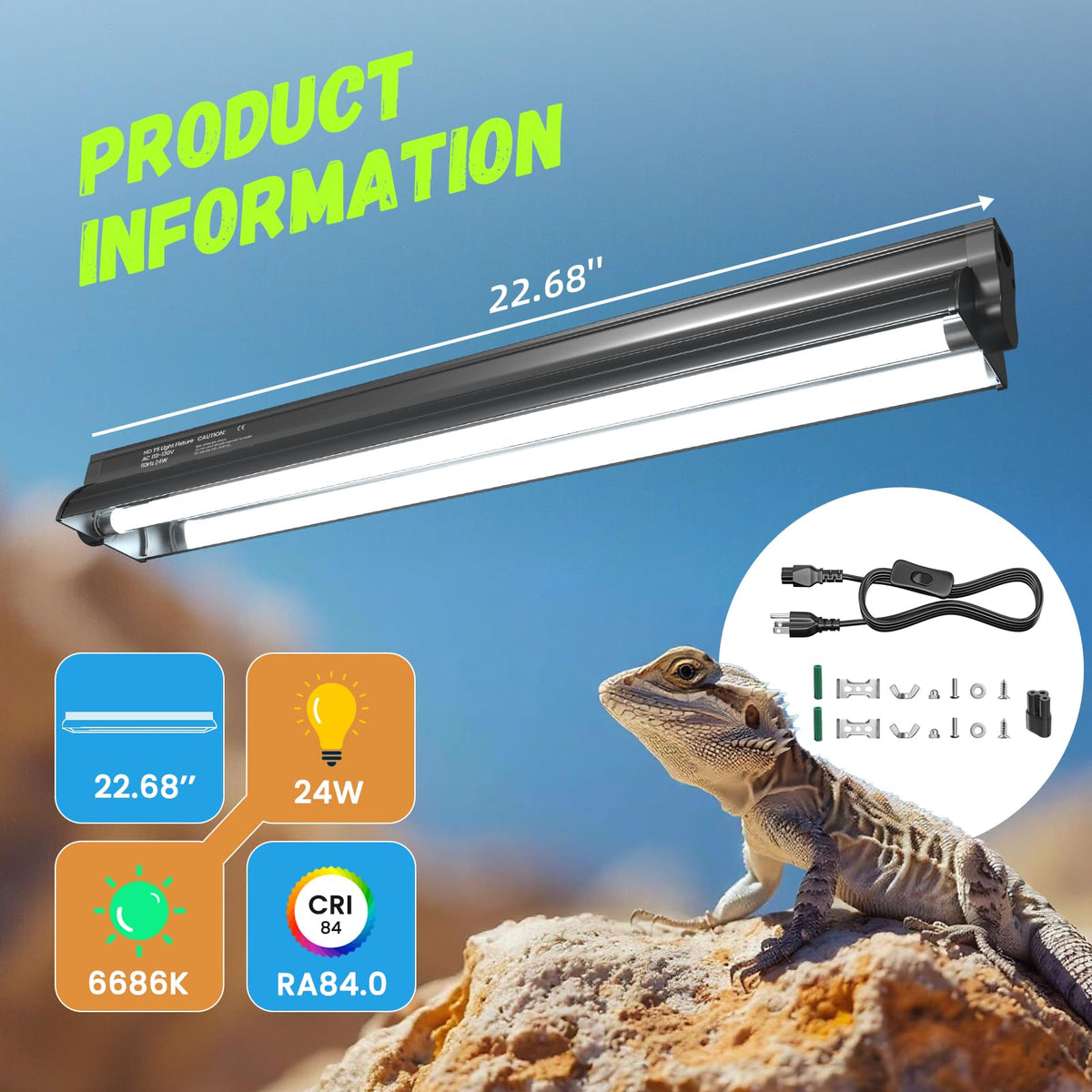 24W 10.0 T5 UVB Reptile Light Fixture Combo Kit 22inch Terrarium Hood O2886