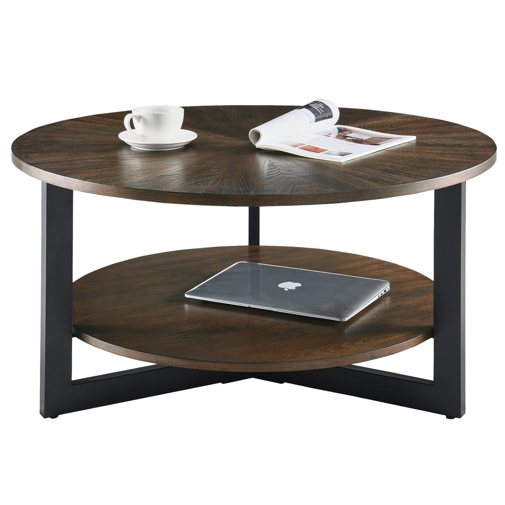 Round Coffee Table with Storage Shelf, Black Metal Legs, 35.3''D x 17.8''H R586
