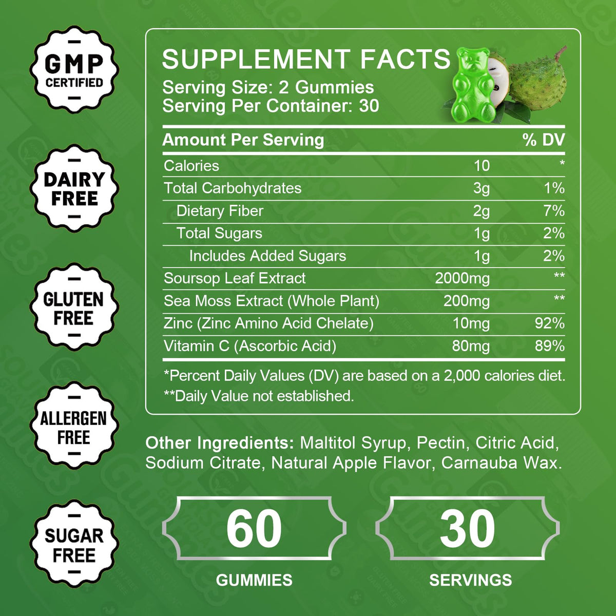 Organic Soursop Graviola Gummies 2200mg with Sea Moss Zinc Vitamin C 60 Gummies Y852871