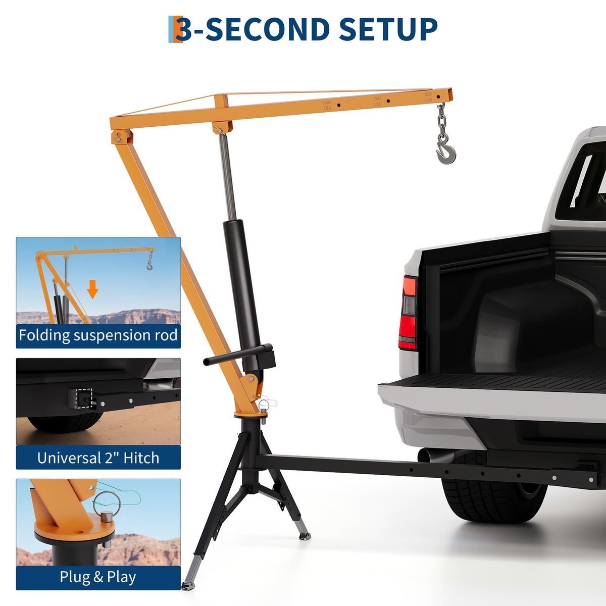 Hydraulic Pickup Truck Crane, 1000 Lbs Hitch Mount with 360° Swivel & Adjustable Boom U388