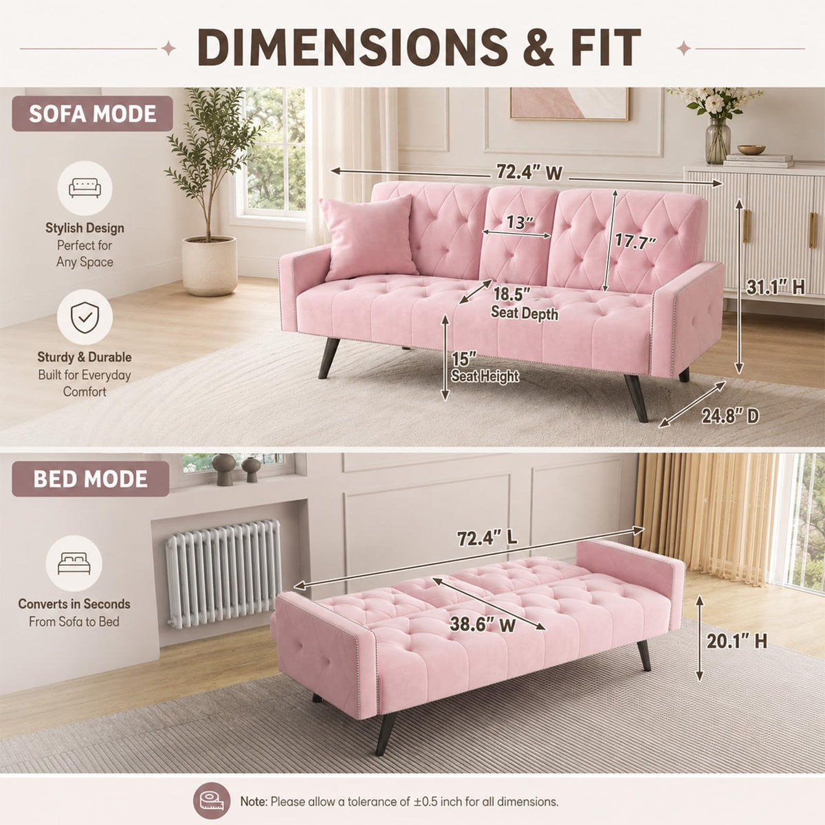 Pink Velvet 2 in 1 Futon Sofa Bed K419