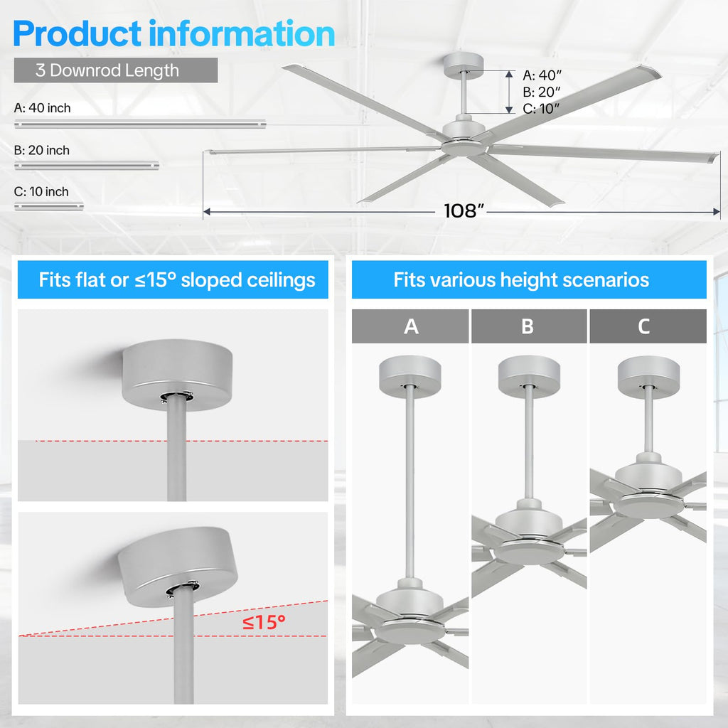 Silver 108 Inch 6 Blade HVLS Ceiling Fan with Remote G571478