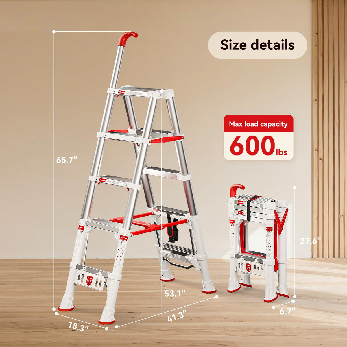 Telescoping Extension Ladder, 4.4FT Folding Step Stool, Aluminum 5 Step Ladder 600lbs Capacity Y8154