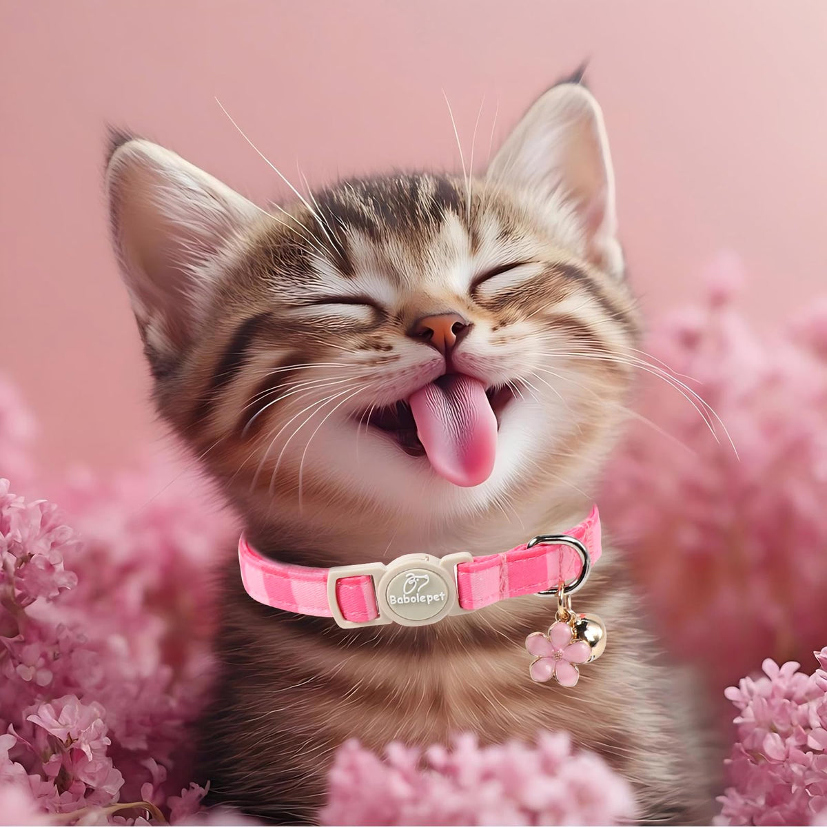 Pink Breakaway Cat Collar with Bell, Bow and Flower Pendant D24455