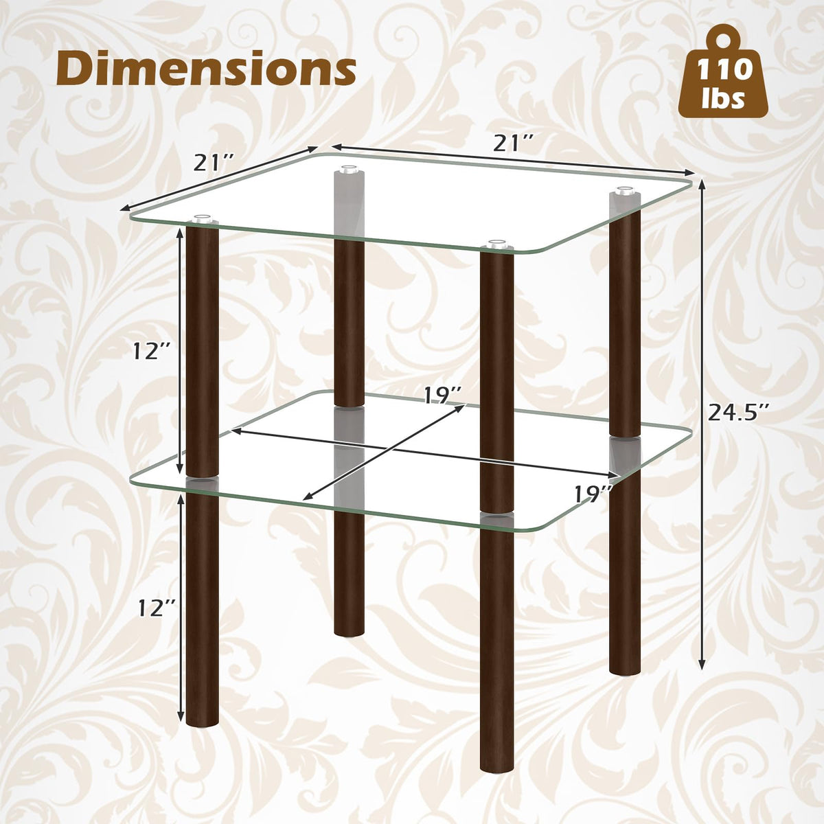 Square End Table Set of 2, 2-Tier Glass Top Sofa Side Table Y766127