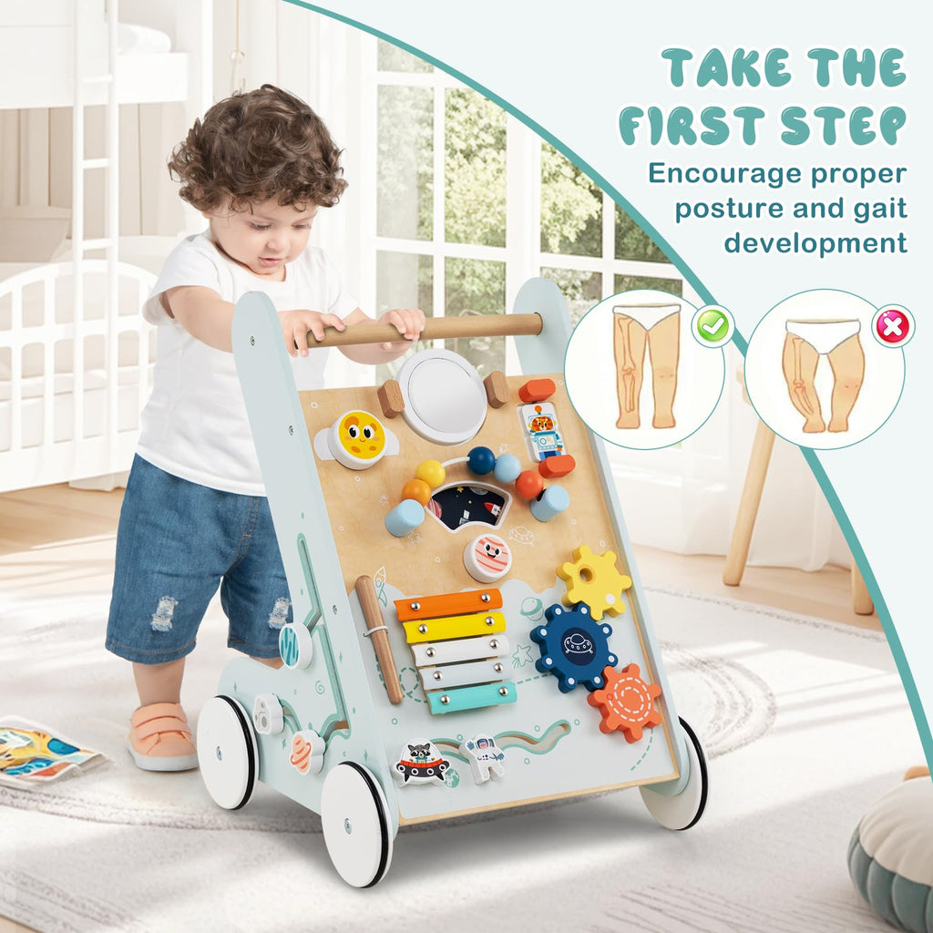 Wooden Baby Walker Push and Pull Learning Activity Center with Wheels Storage Green L151
