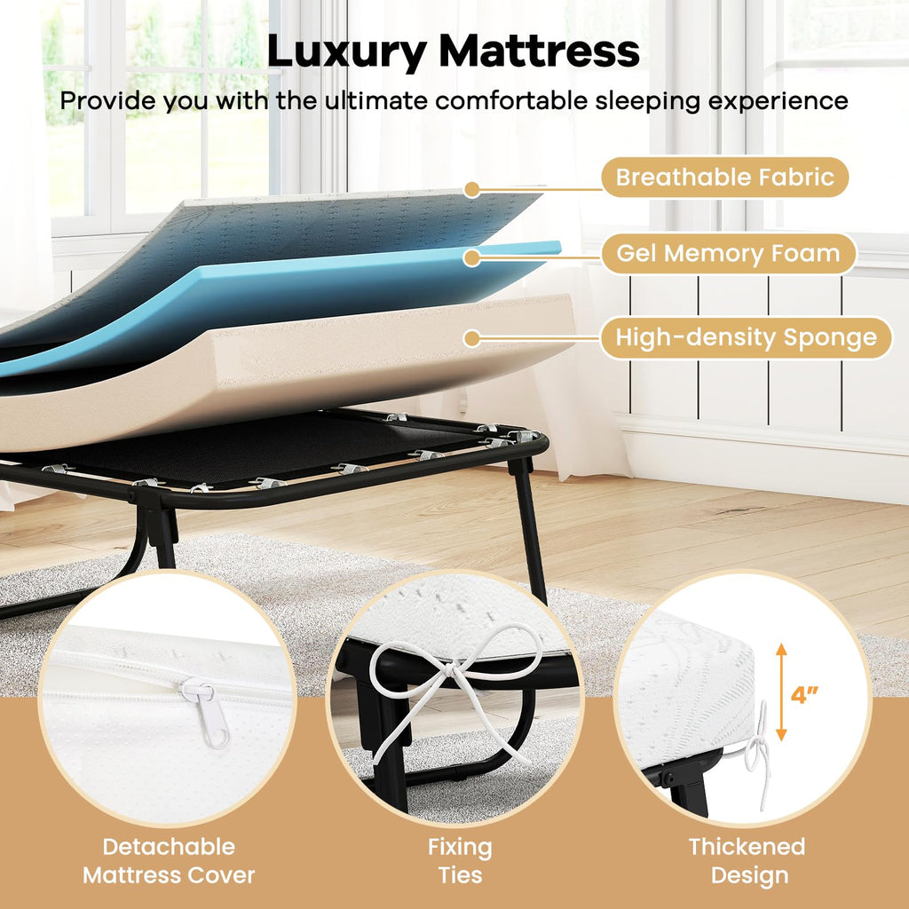 Folding Bed with Mattress Memory Foam Metal Frame F190