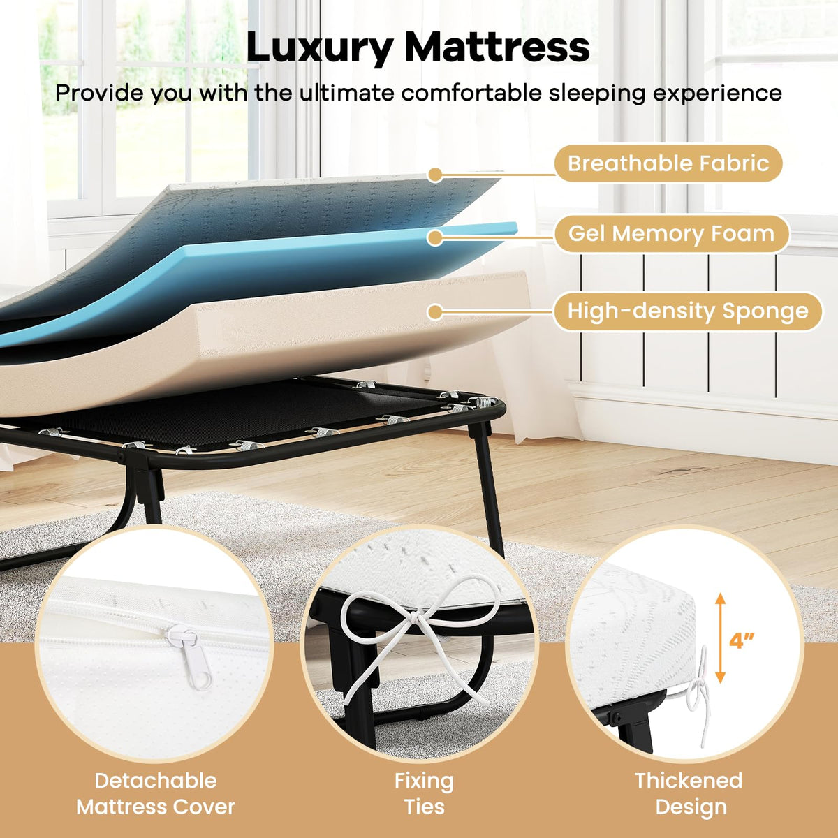 Folding Bed with Mattress Memory Foam Metal Frame F190