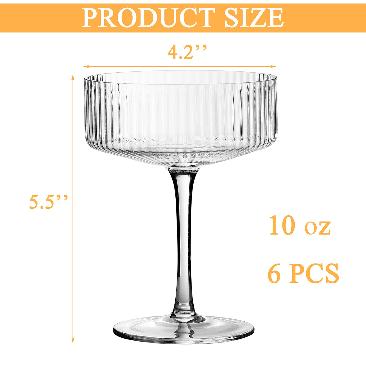 6 Pcs 10 oz Ribbed Coupe Cocktail Glasses O800187