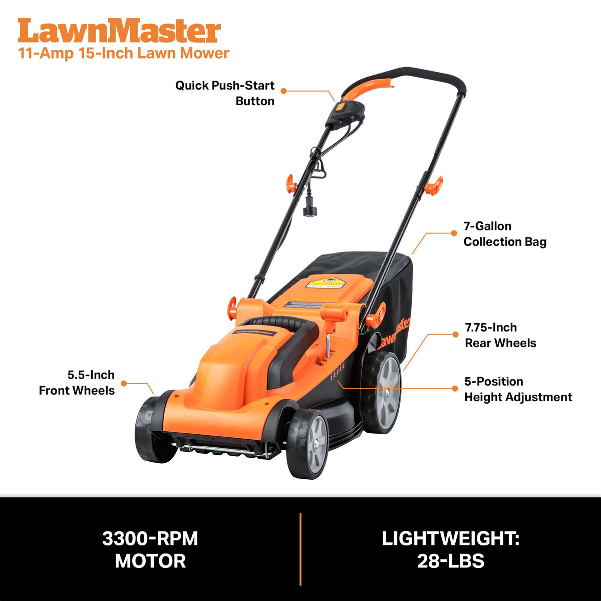 Electric Corded Lawn Mower 15-Inch 11AMP T98303