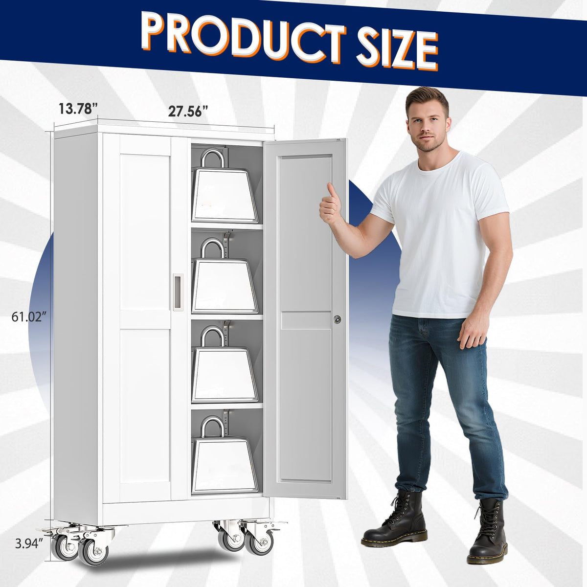 61" Metal Rolling Storage Cabinet with 2 Doors and Wheels O5184