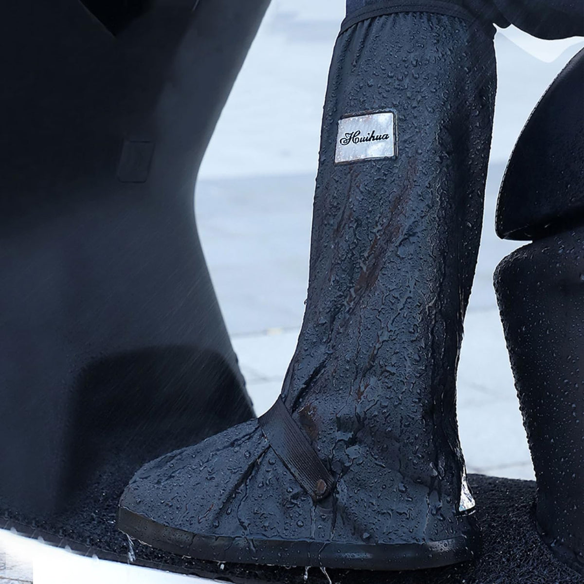 Black Waterproof Rain Boot Shoe Cover with Reflector U470634