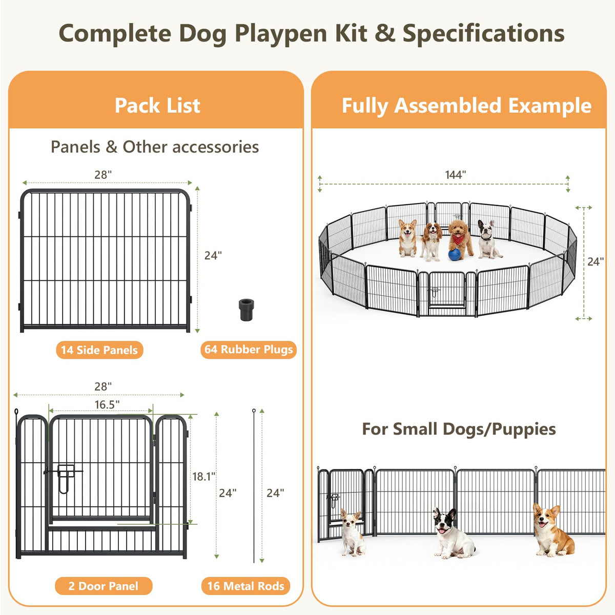 24" Height 16 Panels Foldable Metal Dog Playpen with Door Q212181