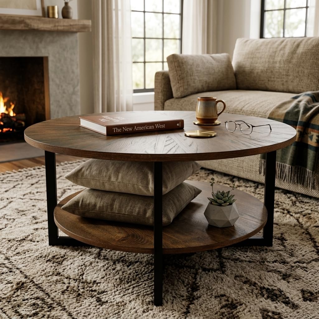 Round Coffee Table with Storage Shelf, Black Metal Legs, 35.3''D x 17.8''H R586