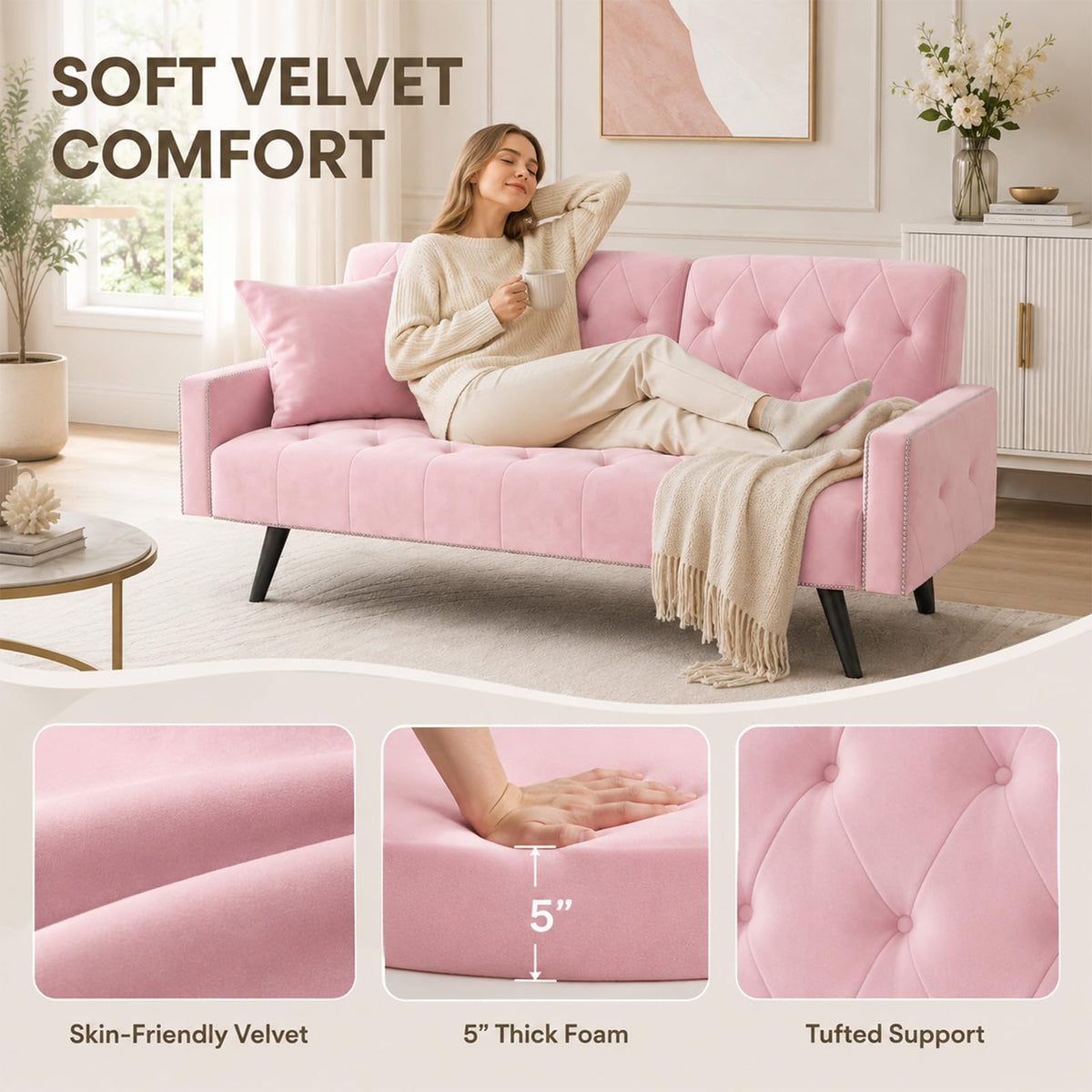 Pink Velvet 2 in 1 Futon Sofa Bed K419