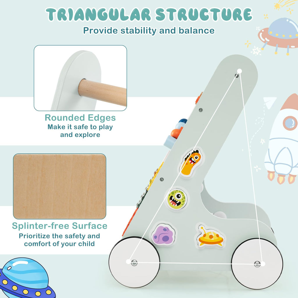 Wooden Baby Walker Push and Pull Learning Activity Center with Wheels Storage Green L151