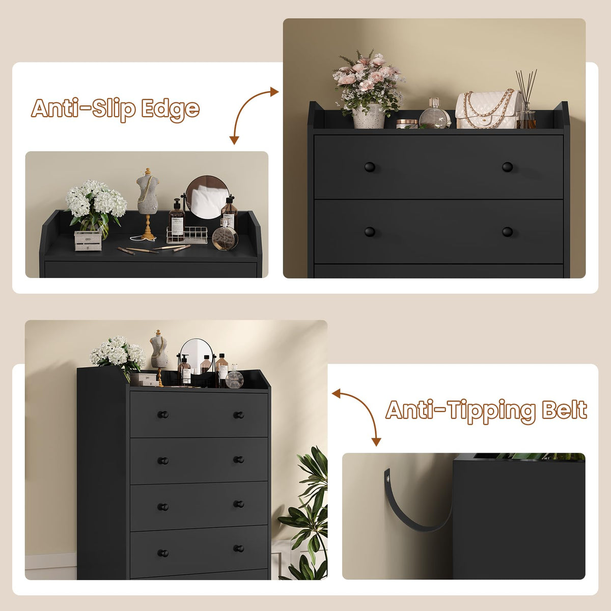 6 Drawer Tall Black Dresser A975