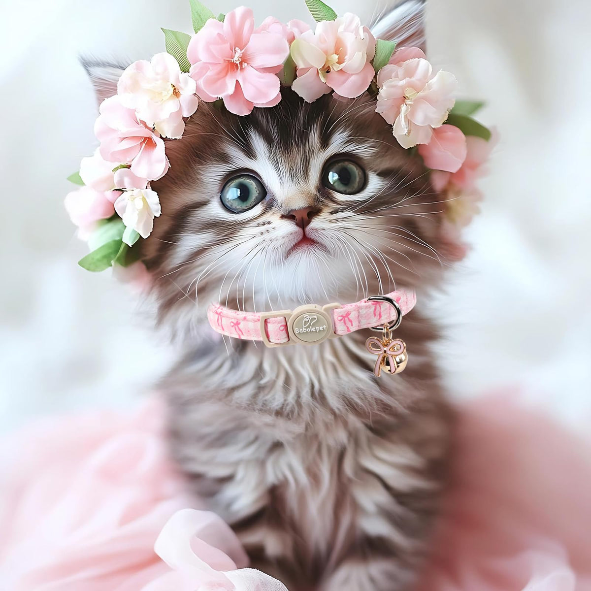 Pink Breakaway Cat Collar with Bell, Bow and Flower Pendant D24455