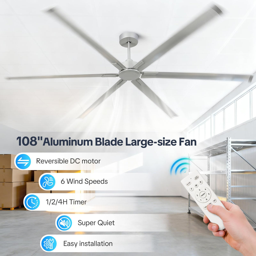 Silver 108 Inch 6 Blade HVLS Ceiling Fan with Remote G571478