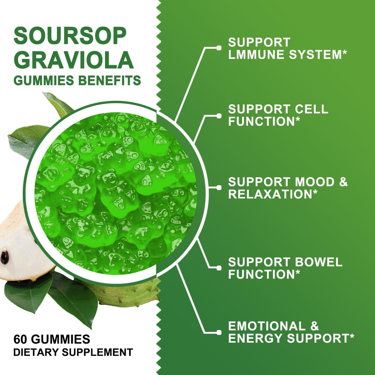Organic Soursop Graviola Gummies 2200mg with Sea Moss Zinc Vitamin C 60 Gummies Y852871