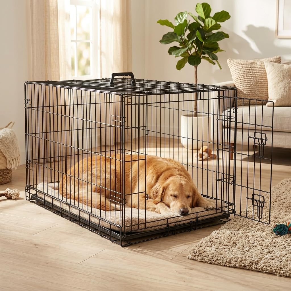 48 Inch Heavy Duty Folding Metal Wire Dog Crate with Double Doors Y21410