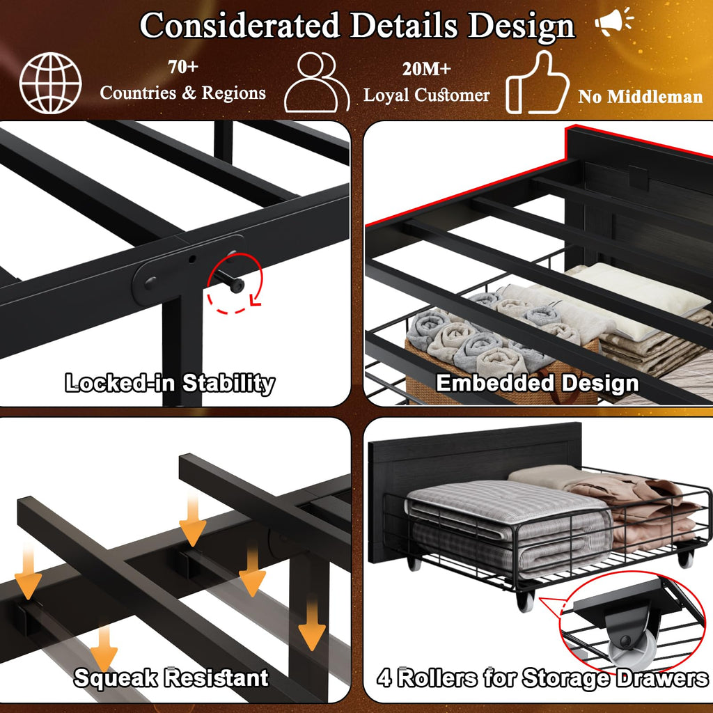 Black Twin Bed Frame with Storage Headboard and Drawers P7578