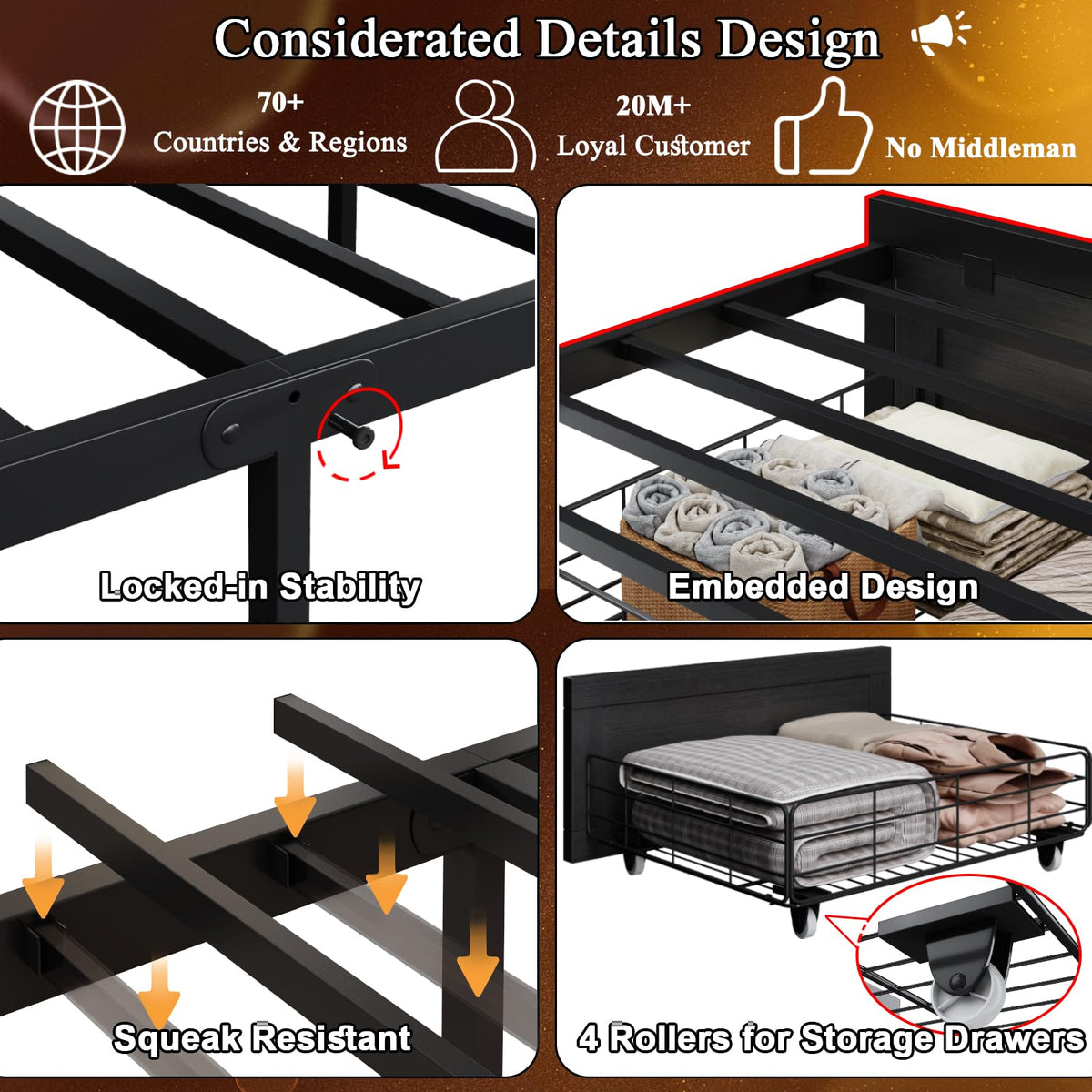 Black Twin Bed Frame with Storage Headboard and Drawers P7578