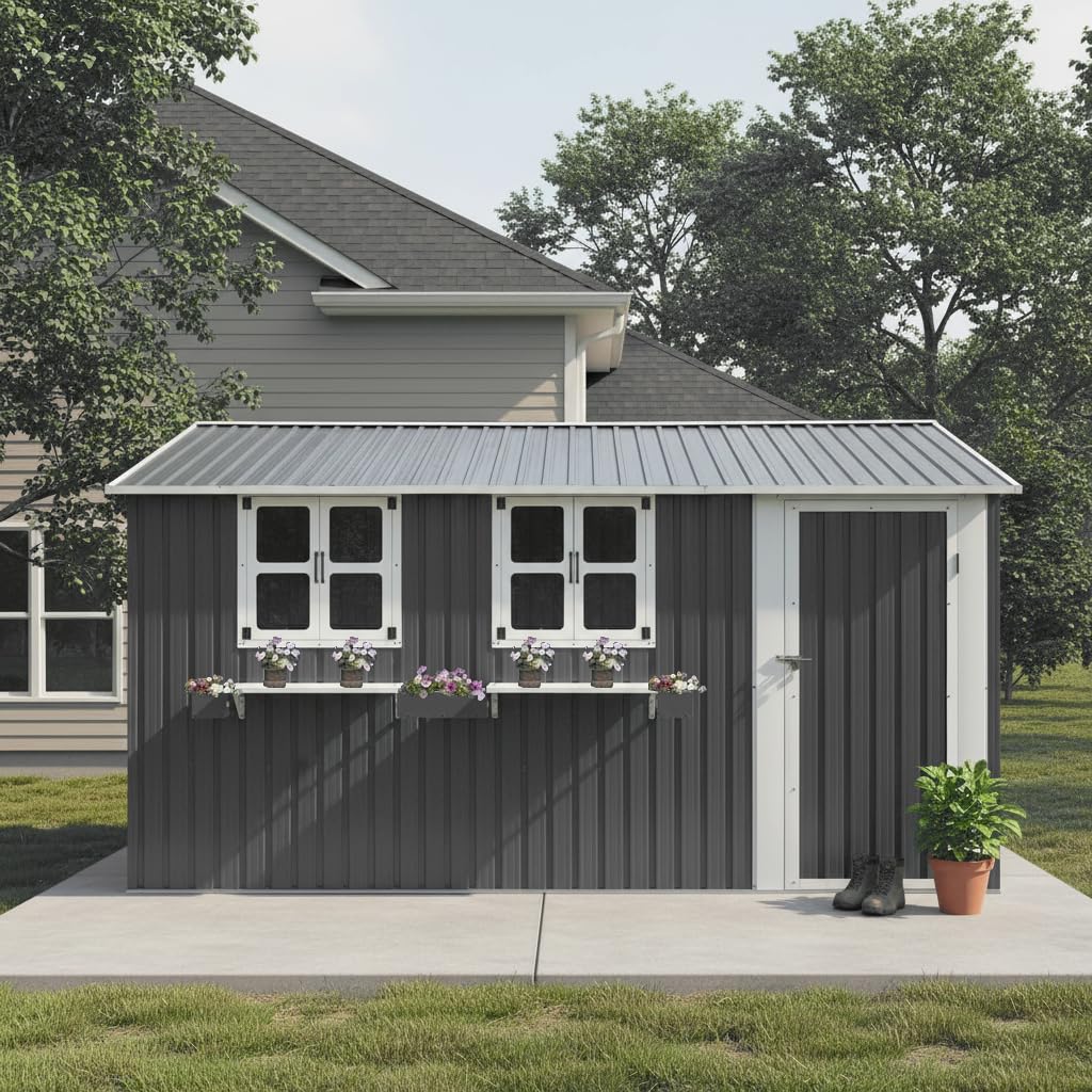 12x10 FT Grey Metal Storage Shed with Clear Windows S9661