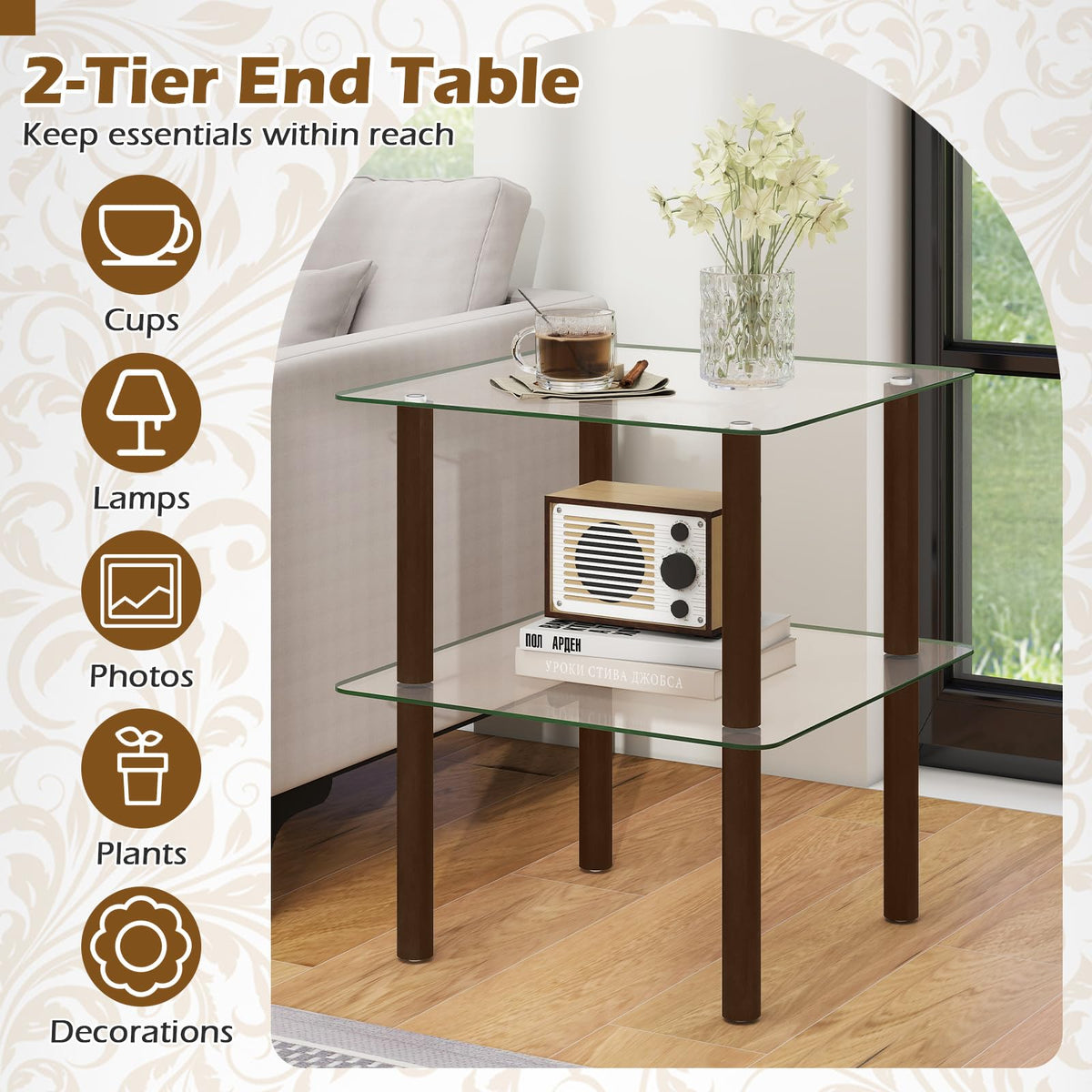 Square End Table Set of 2, 2-Tier Glass Top Sofa Side Table Y766127