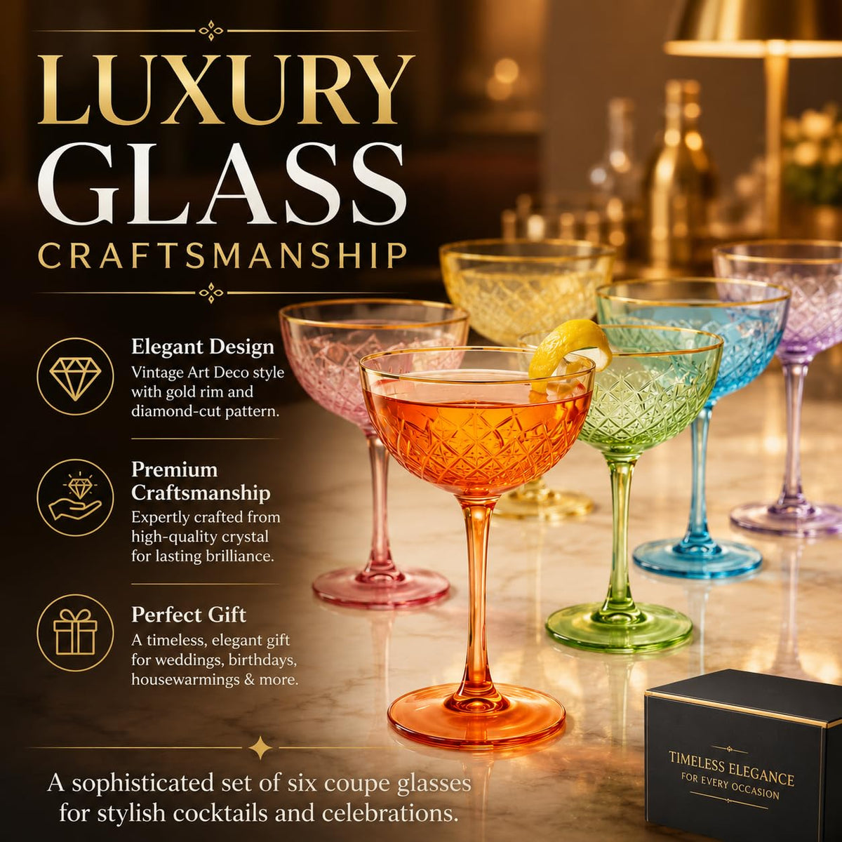 Set of 6 7 oz Vintage Art Deco Coupe Cocktail Glassware I83731