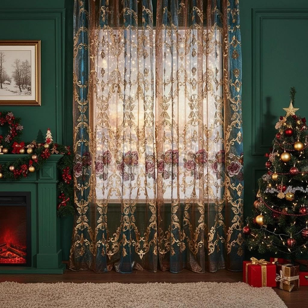 Embroidered Sheer Curtains with Floral Patterns 100"W x 84"L K87171