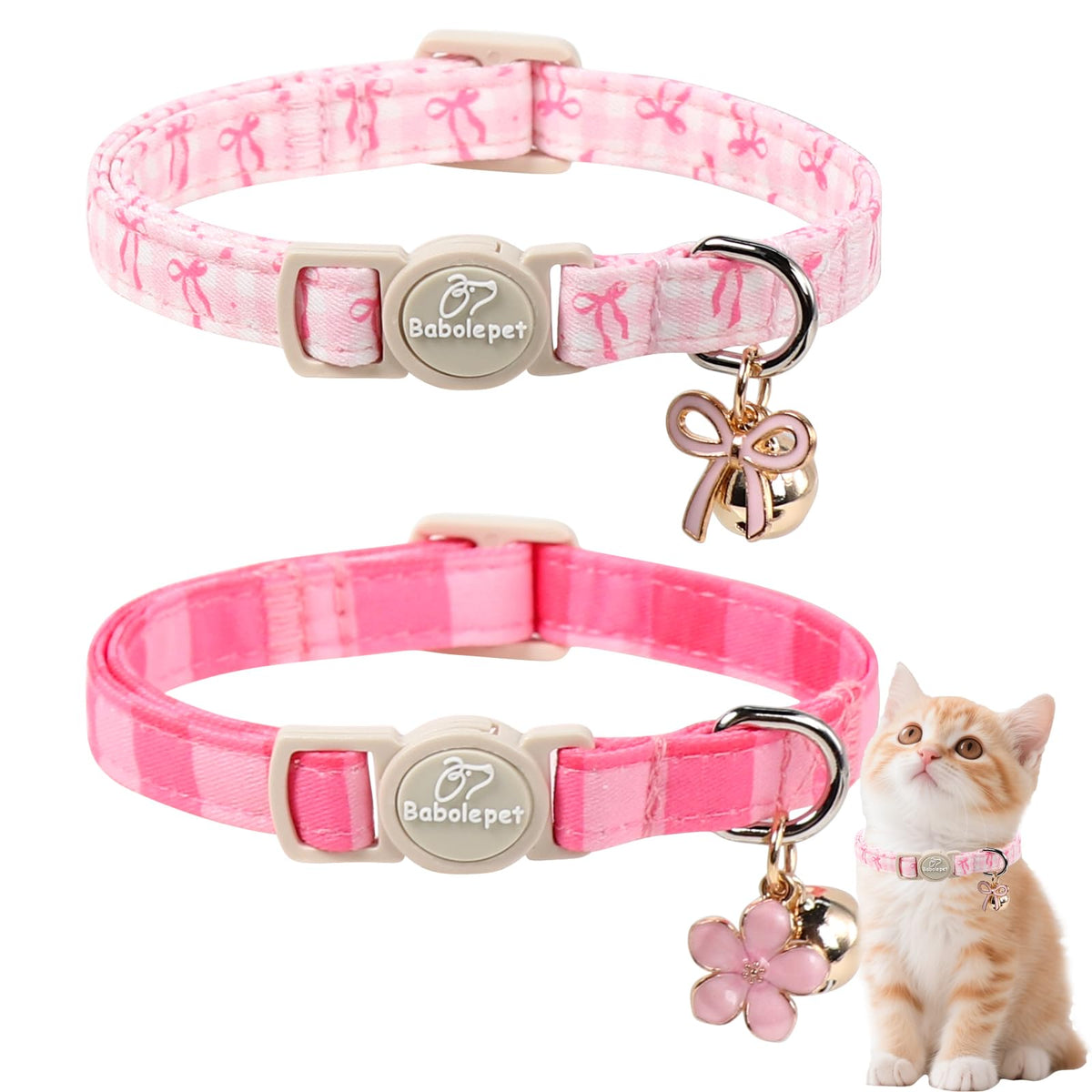 Pink Breakaway Cat Collar with Bell, Bow and Flower Pendant D24455