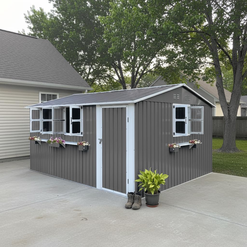 12x10 FT Grey Metal Storage Shed with Clear Windows S9661