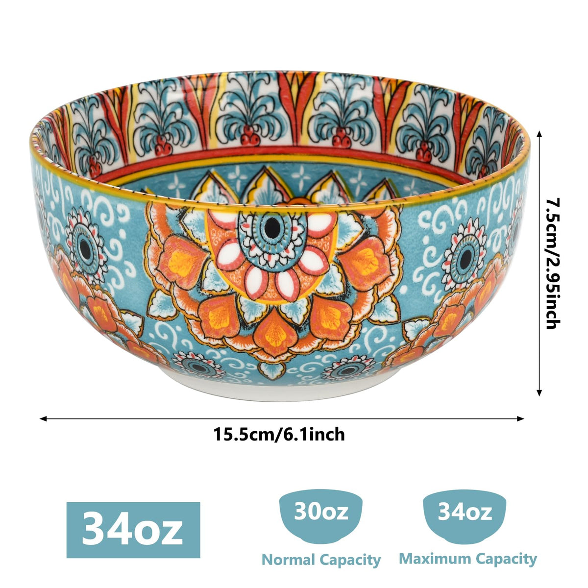 Set of 4 34oz Bohemian Ceramic Bowls Q112
