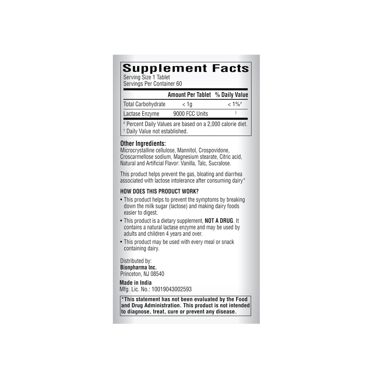 Lactase Enzyme 9000 FCC Chewable Tablets, 60 Count K11283
