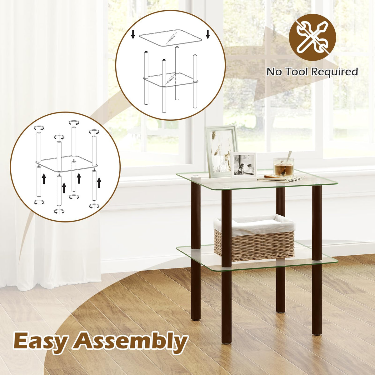 Square End Table Set of 2, 2-Tier Glass Top Sofa Side Table Y766127