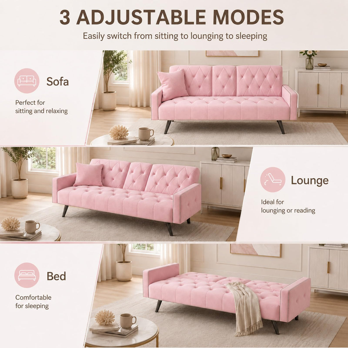 Pink Velvet 2 in 1 Futon Sofa Bed K419
