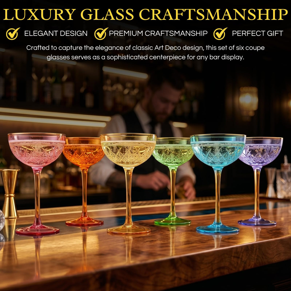 Set of 6 7 oz Vintage Art Deco Coupe Cocktail Glassware I83731