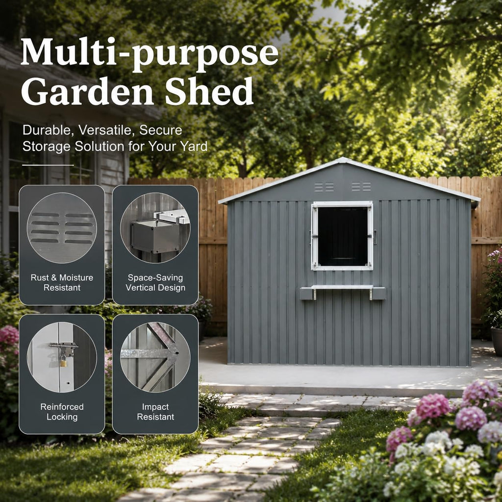 12x10 FT Grey Metal Storage Shed with Clear Windows S9661