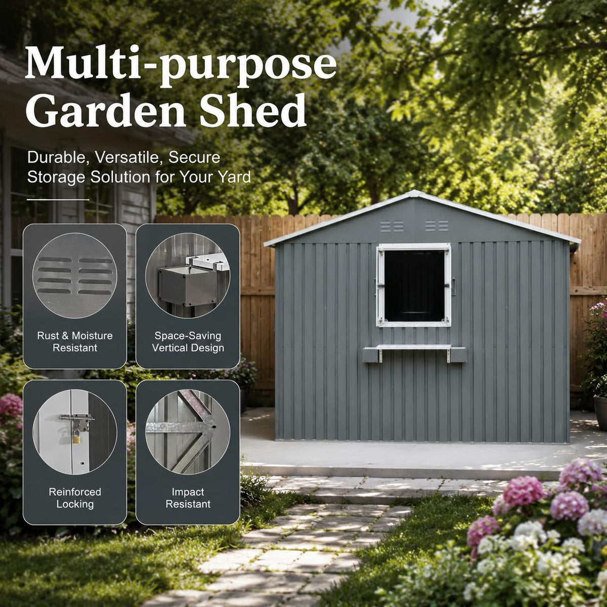 12x10 FT Grey Metal Storage Shed with Clear Windows S9661