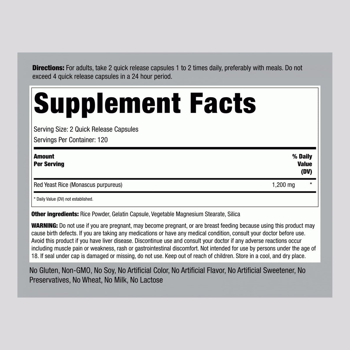 Red Yeast Rice 1200 mg 240 Capsules F6598