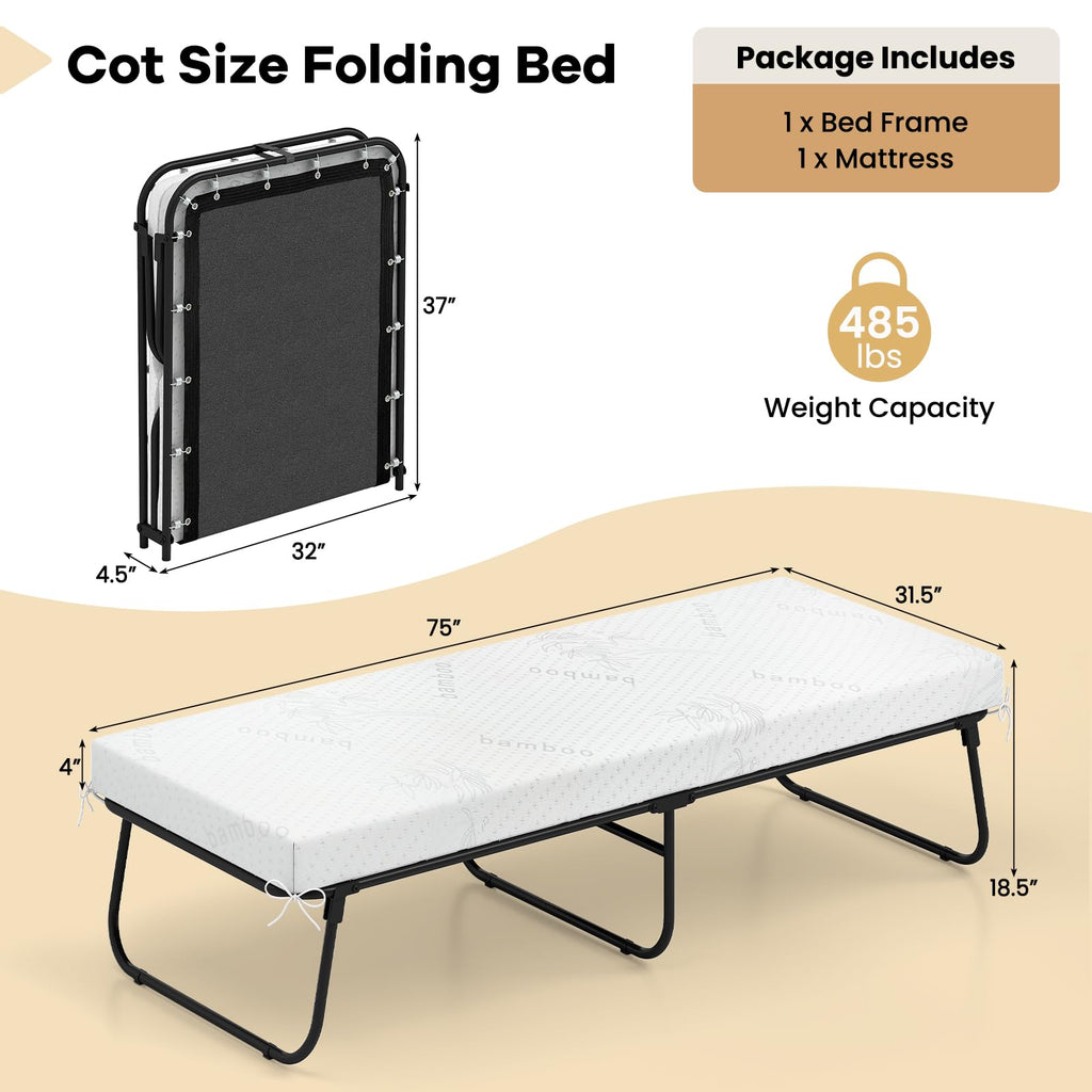 Folding Bed with Mattress Memory Foam Metal Frame F190