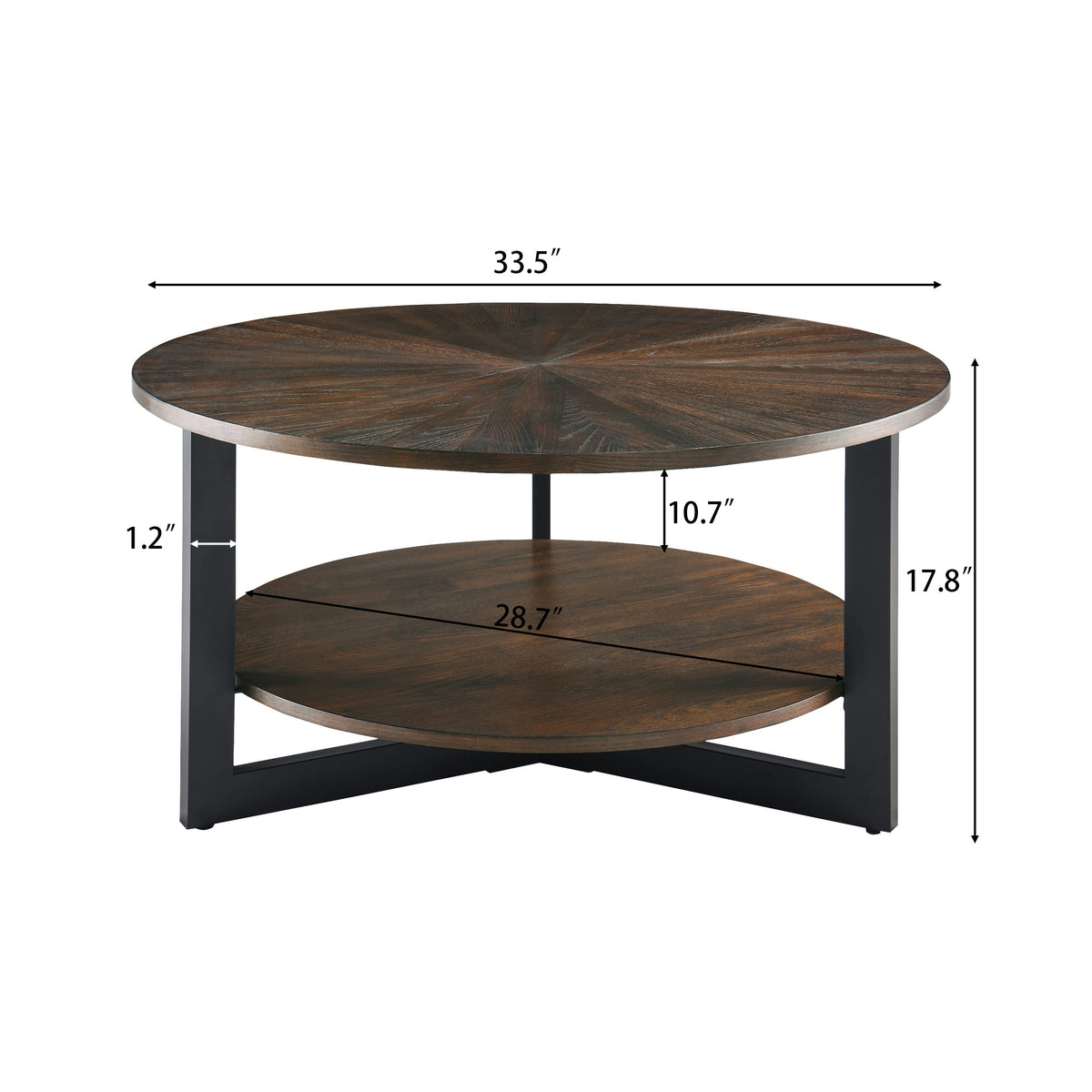 Round Coffee Table with Storage Shelf, Black Metal Legs, 35.3''D x 17.8''H R586